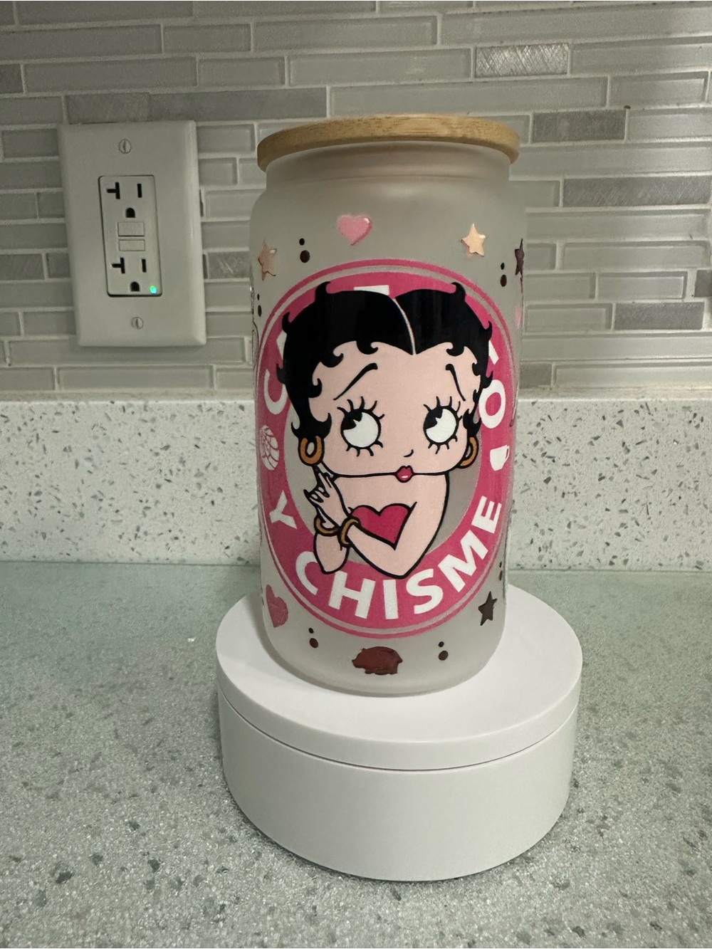 Betty Boop Pink Frosted Glass Jar with Bamboo Lid-UVDTF-CUSTOM